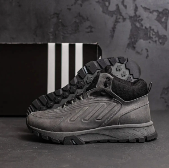 Чоловічі кросівки сірого кольору шкіряні з хутром