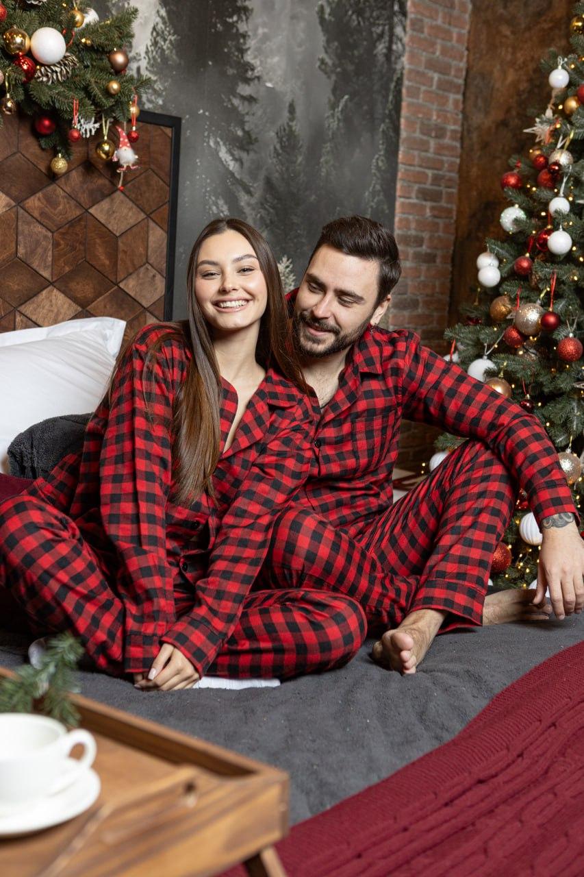 Стильна піжама картата чоловіча та жіноча унісекс піжама комплект сорочка та штани червоно-чорного кольору