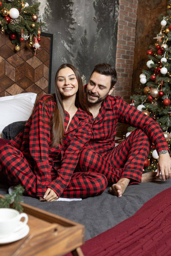 Стильна піжама картата чоловіча та жіноча унісекс піжама комплект сорочка та штани червоно-чорного кольору, фото 1