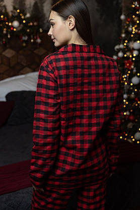 Стильна піжама картата чоловіча та жіноча унісекс піжама комплект сорочка та штани червоно-чорного кольору, фото 2