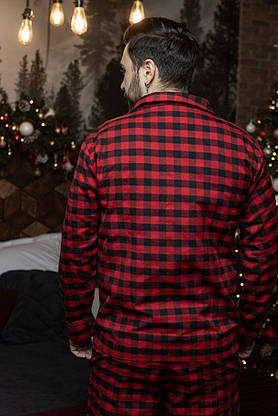 Стильна піжама картата чоловіча та жіноча унісекс піжама комплект сорочка та штани червоно-чорного кольору, фото 3