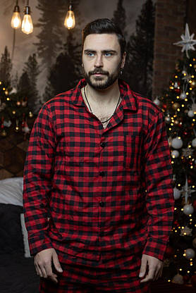 Стильна піжама картата чоловіча та жіноча унісекс піжама комплект сорочка та штани червоно-чорного кольору, фото 4