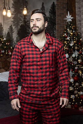 Стильна піжама картата чоловіча та жіноча унісекс піжама комплект сорочка та штани червоно-чорного кольору, фото 5