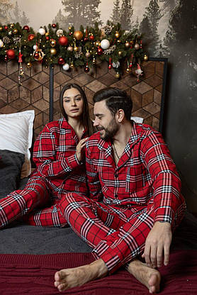Сімейна піжама картата бавовна чоловіча та жіноча парний комплект, піжами теплі універсальні штани, фото 2