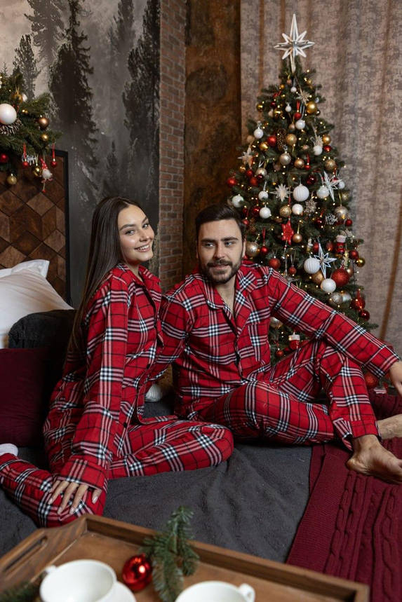Сімейна піжама картата бавовна чоловіча та жіноча парний комплект, піжами теплі універсальні штани, фото 1