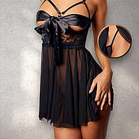 Соблазнительный пеньюар Pull с интригующим бантом на груди, Полупрозрачный откровенный пеньюар со стрингами