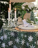Скатерть круглая новогодняя водоотталкивающая снежинки зеленая