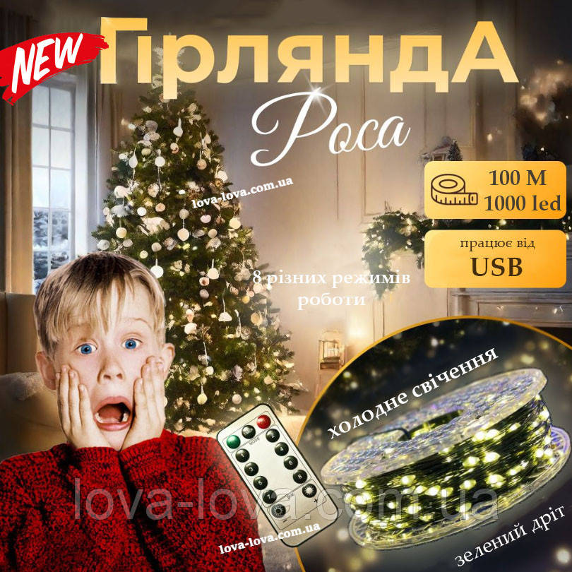 Гірлянда світлодіодна Краплі роси від USB зелений дріт 1000 led 100 метрів 8 режимів світіння (холодний білий)