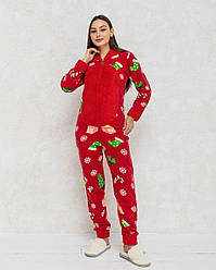 Комбінезон жіночий піжама зимова флісова домашня з капюшоном new year червона