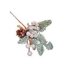 Декоративна хвойна гілочка з білими ягодами та шишками 24 см