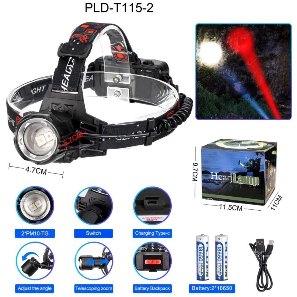 Ліхтар налобний PLD-T115-2PM10-TG(white+red), 2x18650, ЗП Type-C, zoom, Box