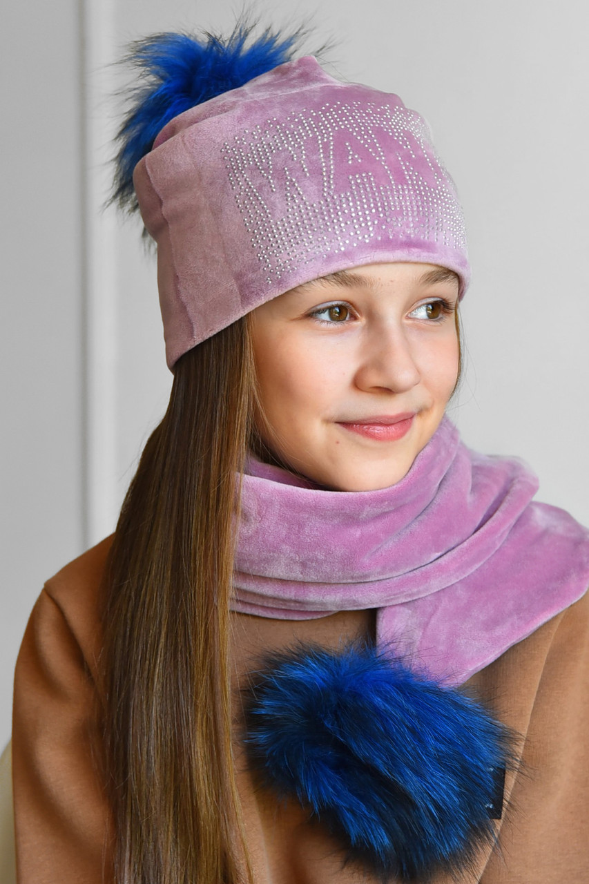 Набір шапка+шарф підлітковий для дівчинки велюровий рожевого кольору 183312M, фото 1