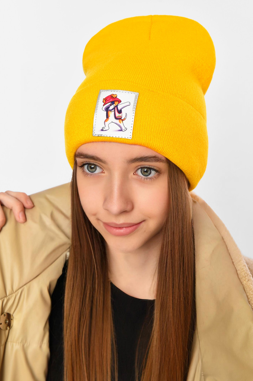 Шапка зимова підліткова з нашивкою жовтого кольору 193215M, фото 1
