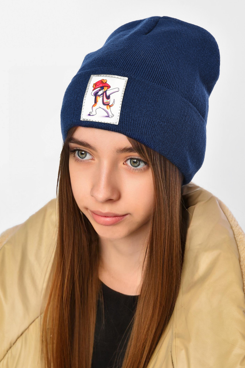 Шапка зимова підліткова з нашивкою синього кольору 193226M, фото 1