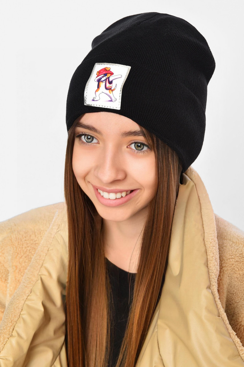 Шапка зимова підліткова з нашивкою черного кольору 193228M, фото 1