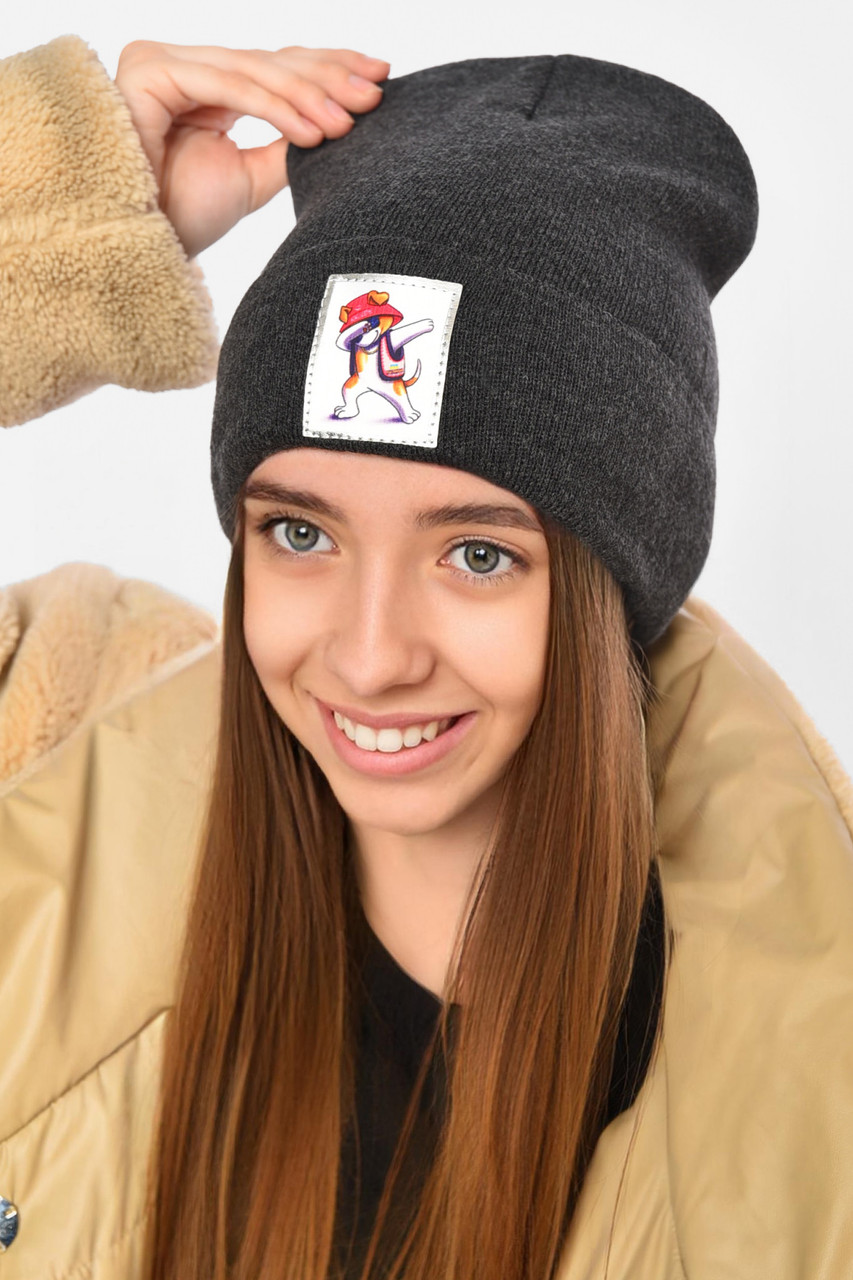 Шапка зимова підліткова з нашивкою темно-сірого кольору 193230M, фото 1