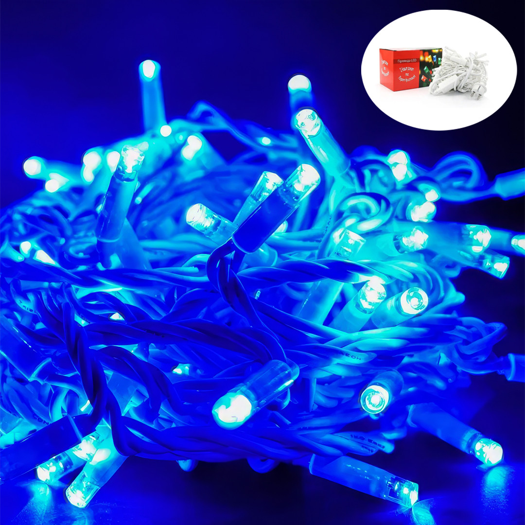 Вулична гірлянда Нитка 10 м на білому дроті з 100LED Колір світіння Синій, фото 1
