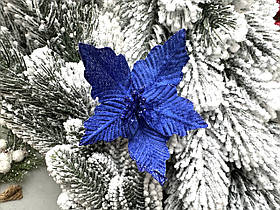 Новорічний квітка на ялинку "Пуансетія" 12 см синього кольору