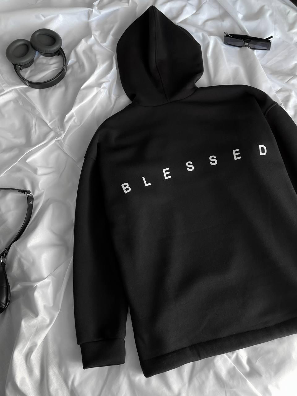 Жіночий подовжений худий оверсайз батник з написом BLESSED турецька триніть кофта на флісі з капюшоном 42-48