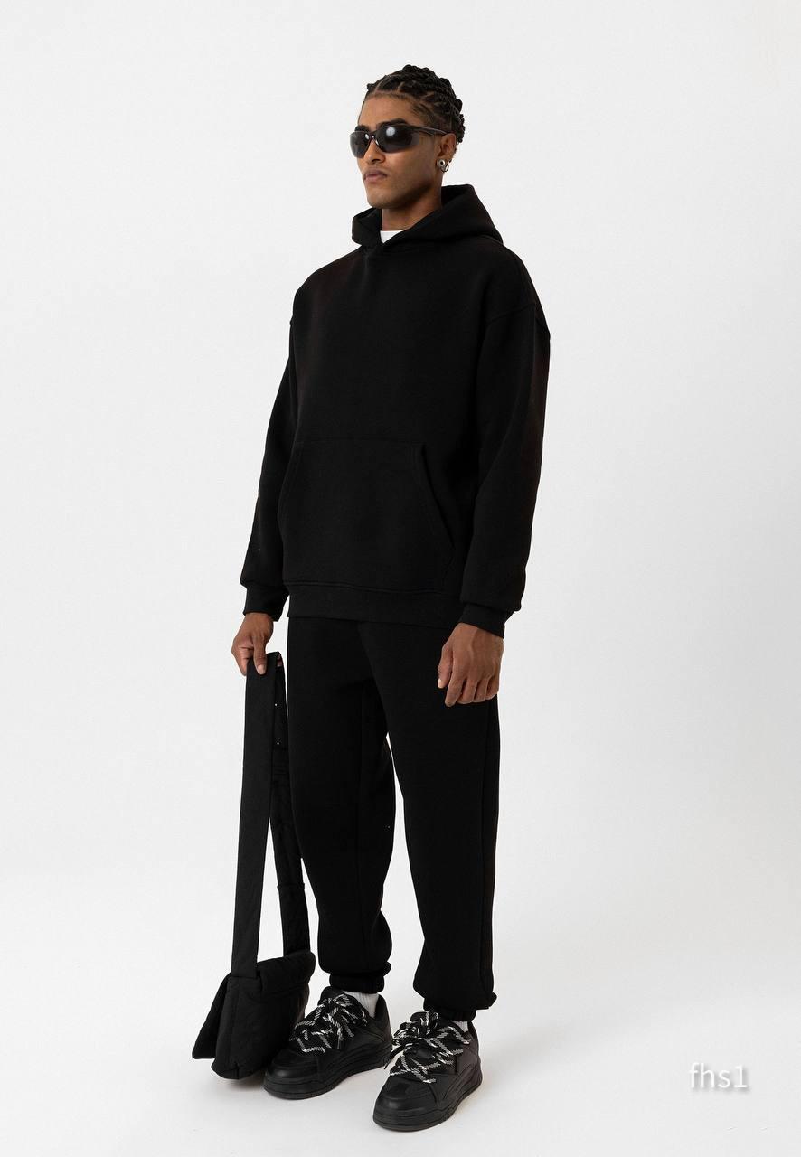 Чоловічий зимовий спортивний костюм чорний Худі + Штани на флісі однотонний, фото 1