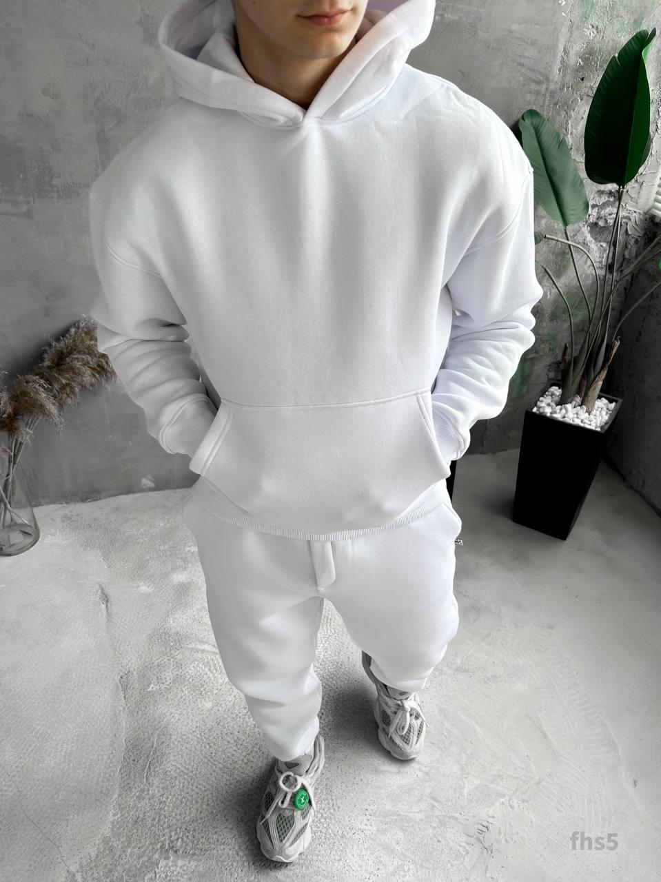 Чоловічий зимовий спортивний костюм білий Худі + Штани на флісі однотонний, фото 1