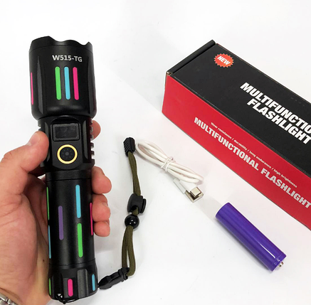 Надпотужний ліхтар акумуляторний з Power Bank тактичний ліхтарик W515 з флуоресцентним корпусом, фото 1