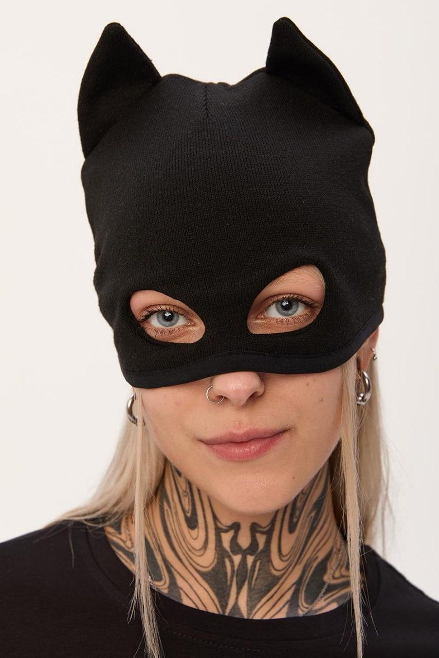 Шапка з вушками чоловіча жіноча трикотажна балаклава Kitti чорна, фото 1