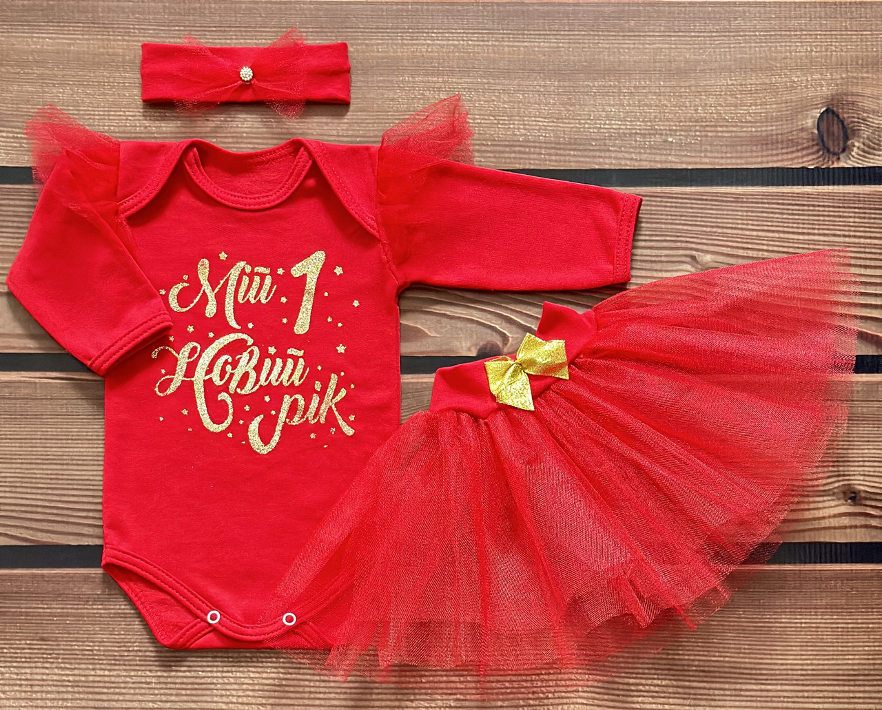 Теплий святковий новорічний комплект для дівчинки зі спідничкою зріст 56 - 62 см (0 - 3 місяці) BST Червоний, фото 1