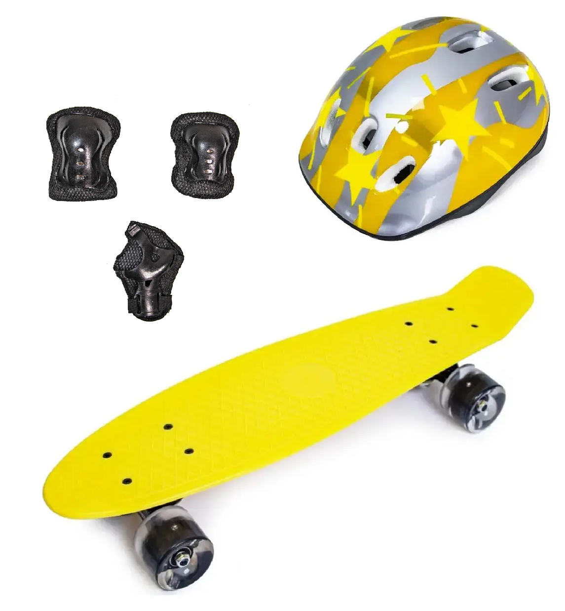 КОМПЛЕКТ Пенніборда Penny Board. Жовтий + захист + шолом. Колеса, що світяться!