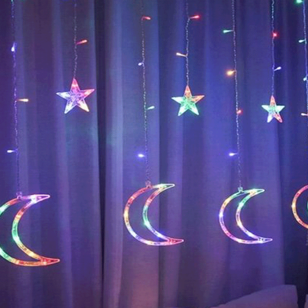 Гірлянда штора "Місяць та зірки" 3 метри світлодіодна різнокольрова 5 місяців і 5 зірок, фото 1