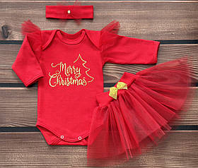 Новорічний трикотажний комплект для новонароджених дівчаток зріст 56 - 62 см (0 - 3 місяці) BST Червоний