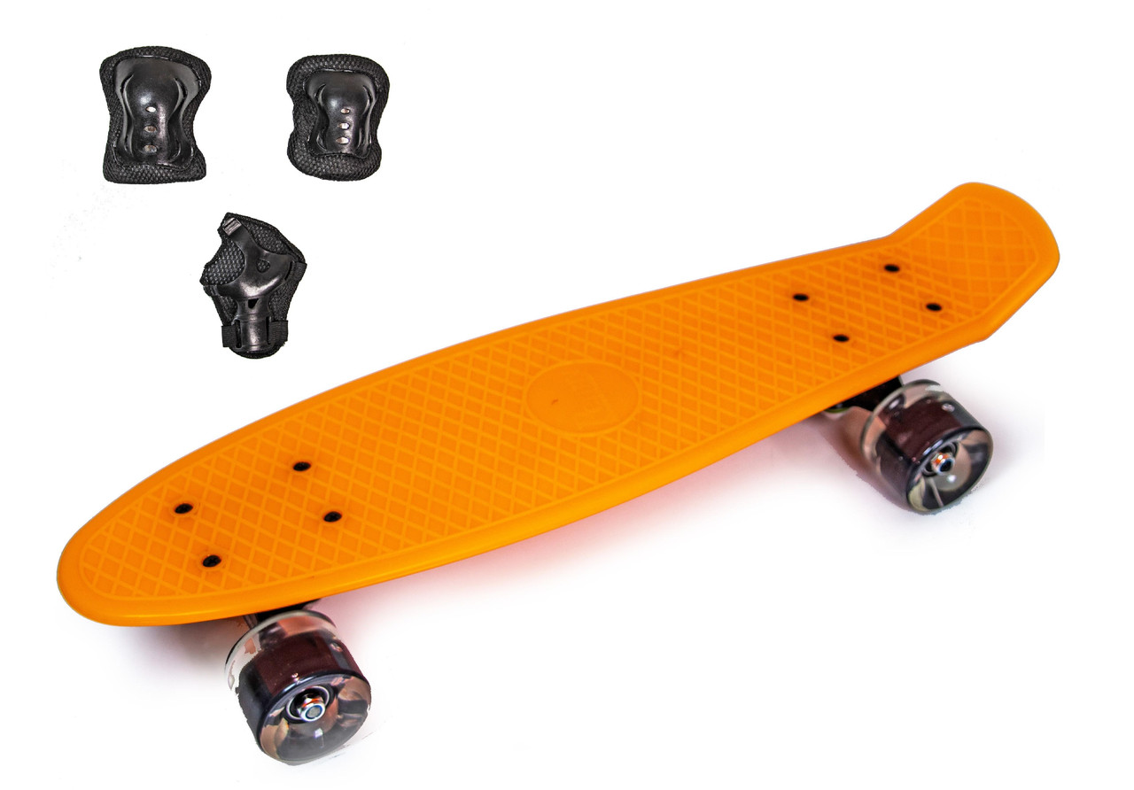 Набір СкейтБорд Penny Board. ORANGE + захисне спорядження. Колеса світяться під час катання!, фото 1