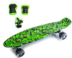 Набір СкейтБорд Penny Board. MILITARY + защита на колени, локти и ладони. Колеса світяться під час катання!