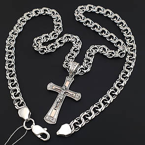 Комплект! Чоловіча масивна срібна цепочка і хрестик з золотом. Ланцюжок бісмарк і хрестик з золотою накладкою