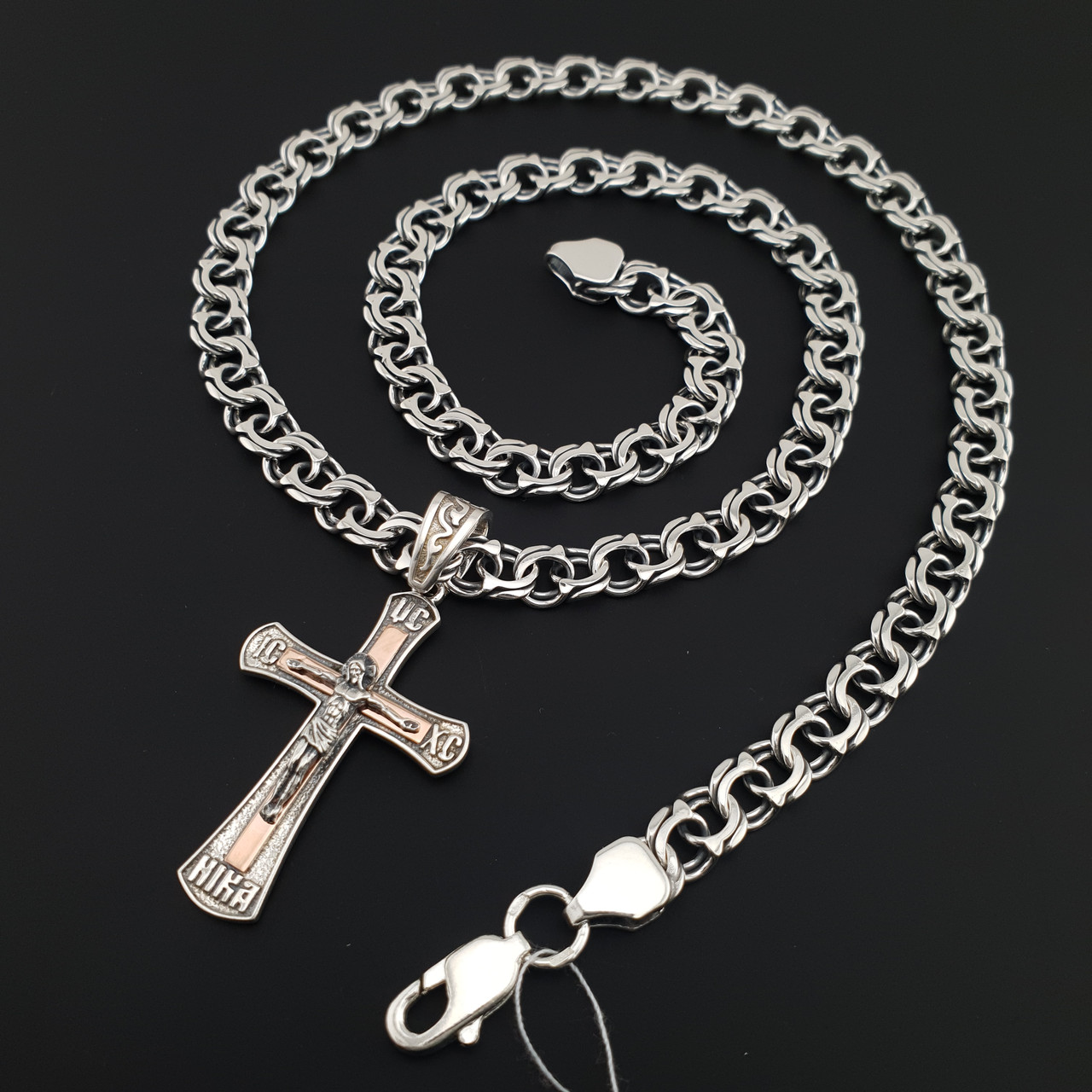 Комплект! Чоловіча масивна срібна цепочка і хрестик з золотом. Ланцюжок бісмарк і хрестик з золотою накладкою. 60 см, фото 1