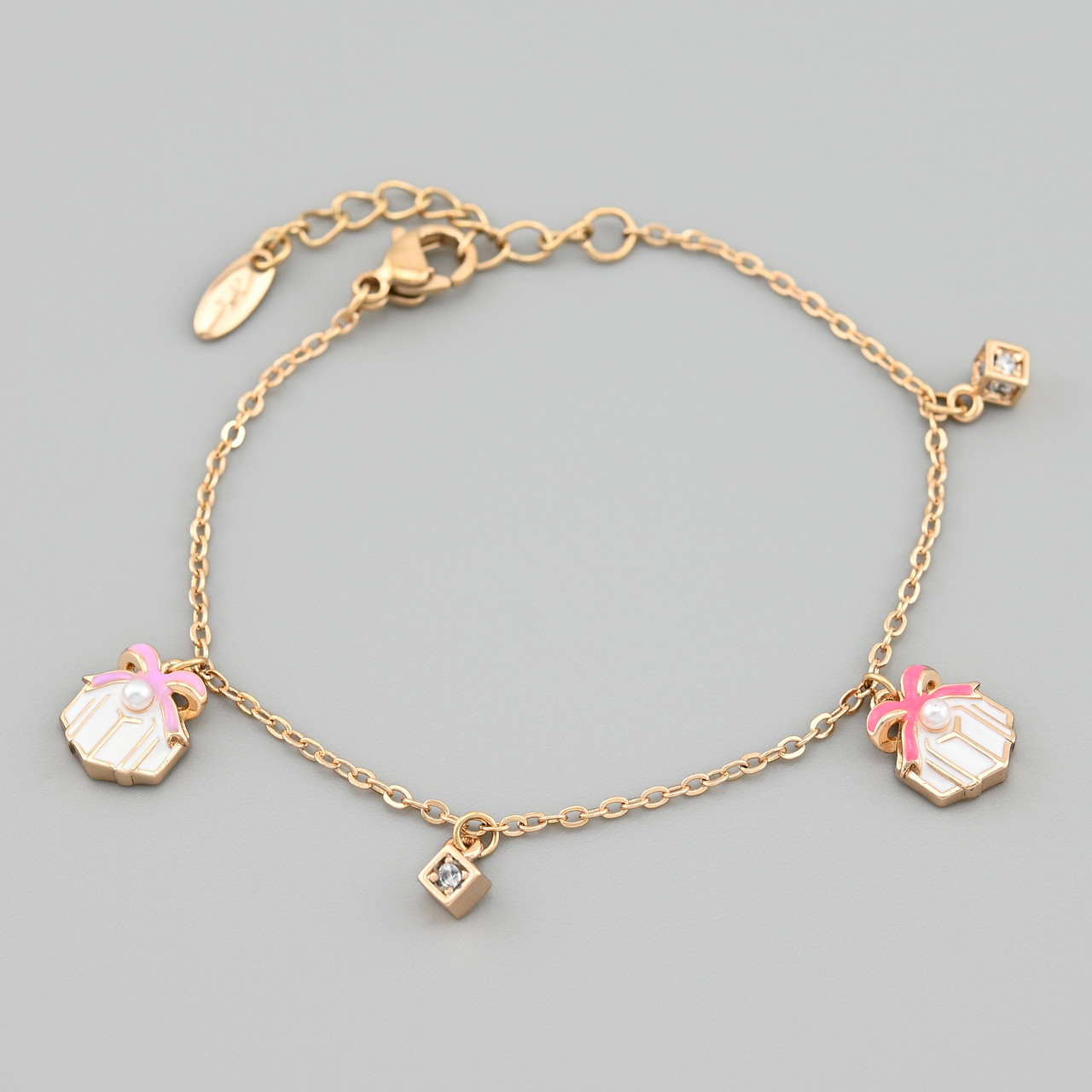 Браслет Подарунок 48294 ширина 1.5 мм білі фіаніти емаль позолота 18К довжина 14+3, фото 1