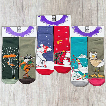 Жіночі махрові шкарпетки з зимовим малюнком (комплект 2 пари) Пташка+Коза