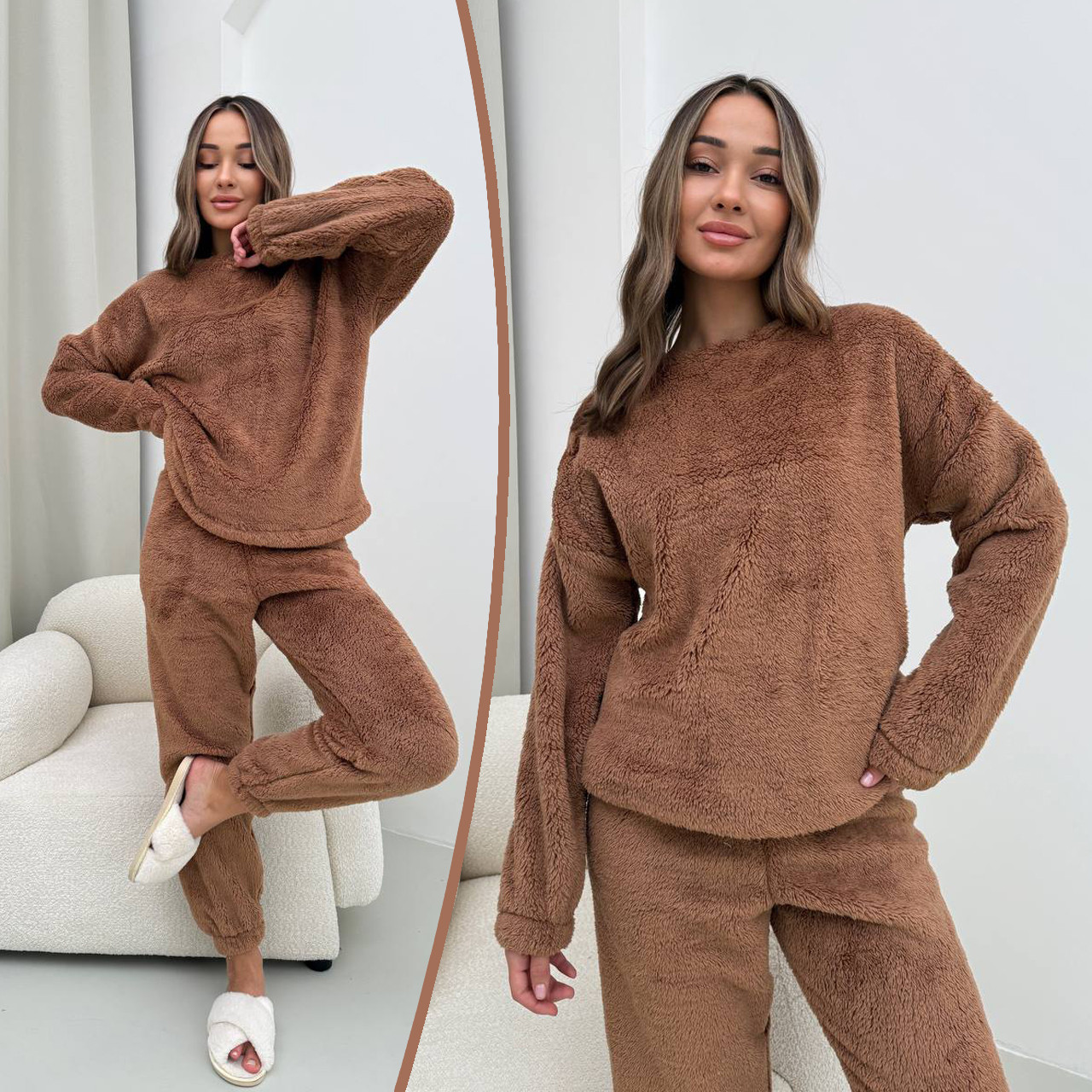 Кавова тепла жіноча однотонна махрова піжама, фото 1