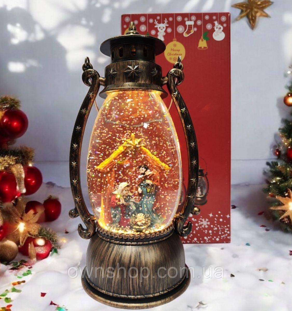 Музичний різдвяний металевий ліхтарик-світильник, 26 см №0093В, фото 1