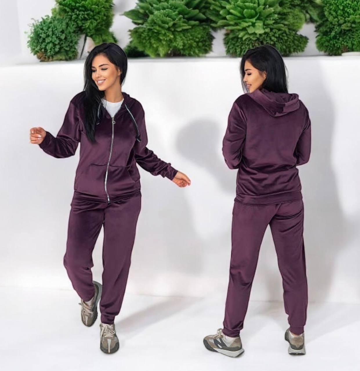 Жіночий велюровий костюм фіолетовий теплий на флісі з капюшоном, фото 1