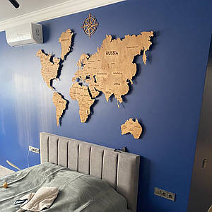 Дерев'яна мапа Світу однорівнева на стіну з LED підсвічуванням (холодна/тепла) колір Тік