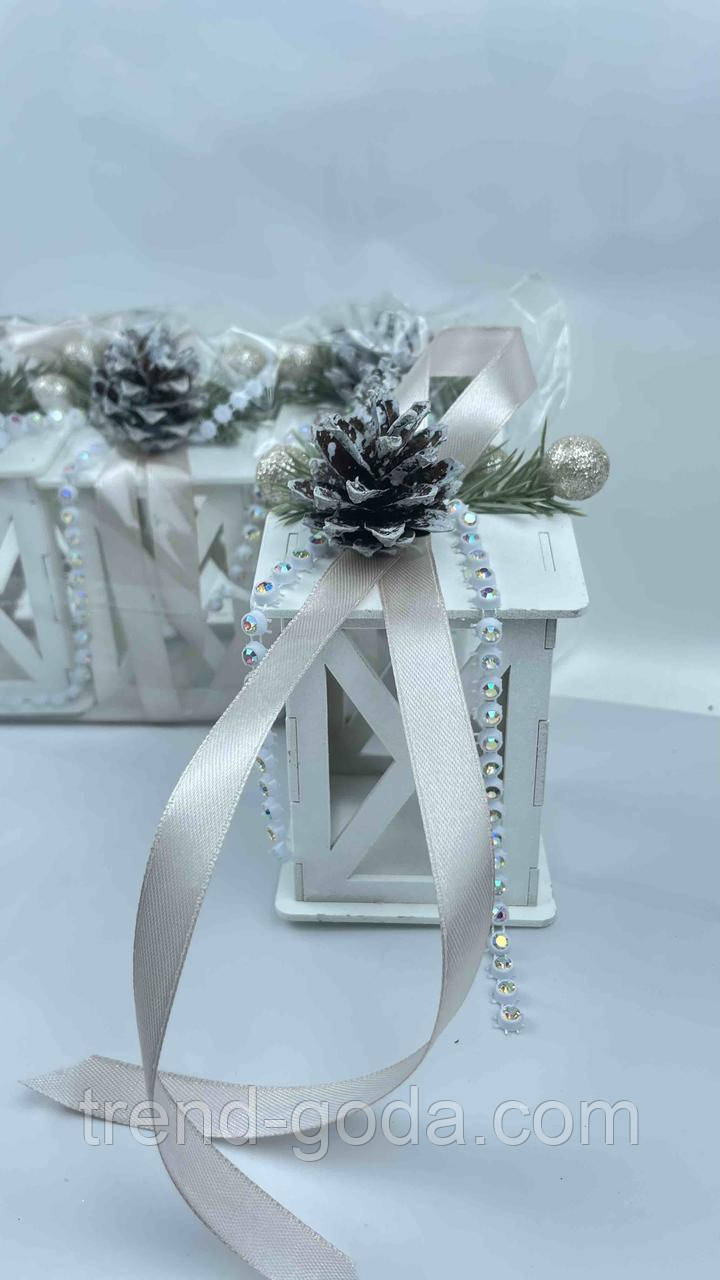 Іграшка на ялинку ліхтар дерев'яний білий, новорічні прикраси декор, фото 1