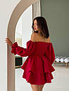 Жіноча коротка червона атласна сукня ярусна з відкритими плечима, фото 2