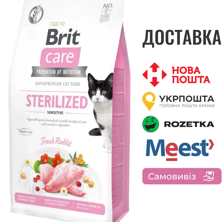 Сухий корм Brit Care Cat GF Sterilized Sensitive для стерилізованих котів з чутливим травленням, з кроликом, 2 кг