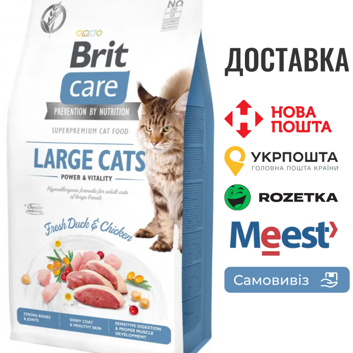Brit Care Large Cats Duck & Chicken | Беззерновий сухий корм для великих порід з уткою та куркою, 7 КГ, фото 1