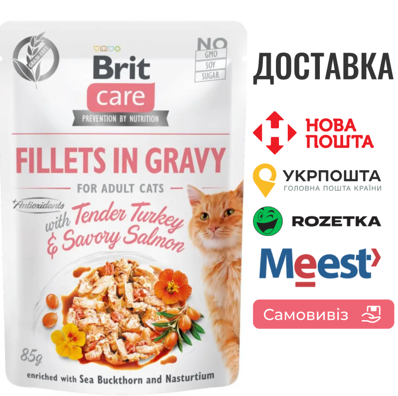 Вологий корм Brit Care Cat Pouch для котів, філе в соусі, ніжна індичка і пікантний лосось, 85 г, фото 1