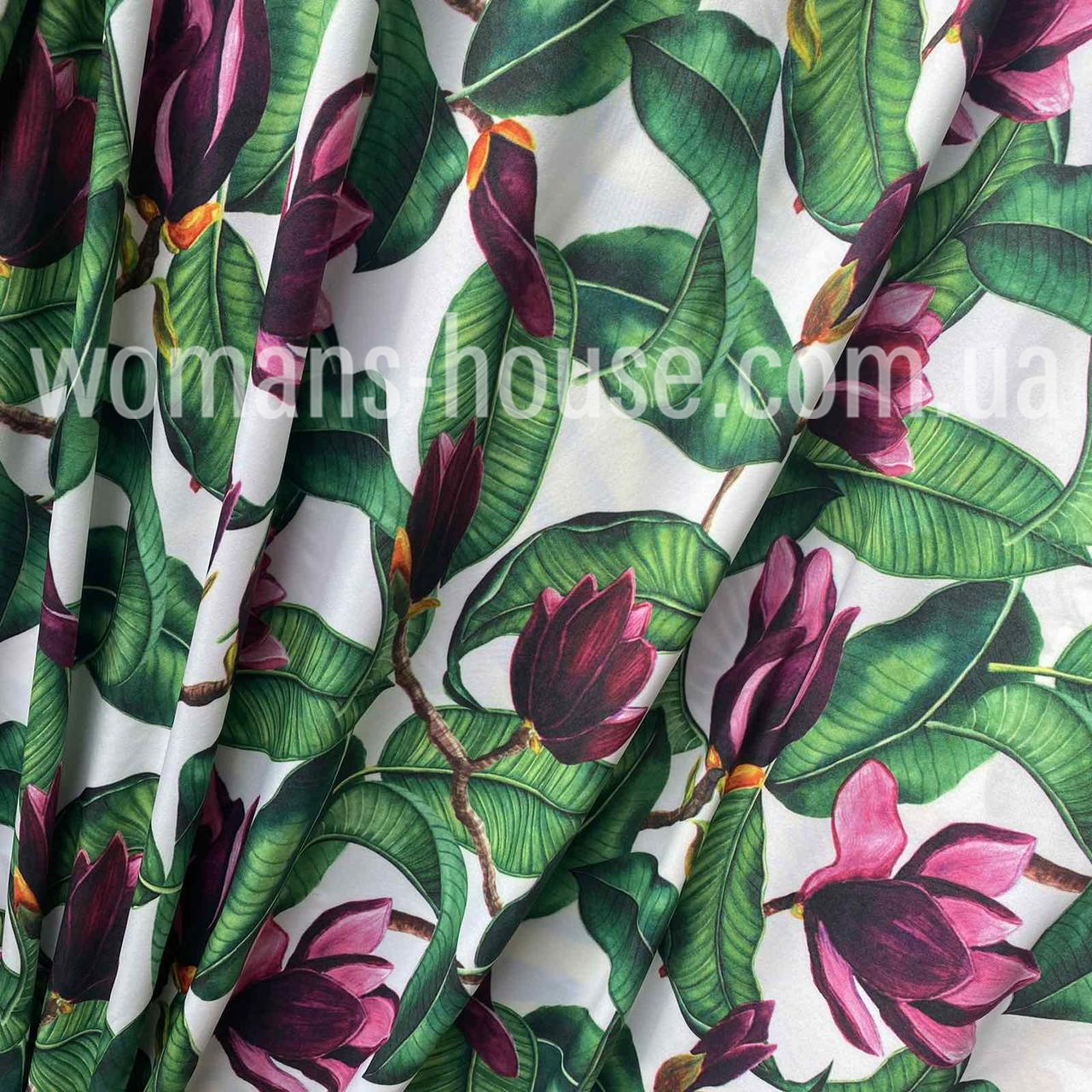 Софт друкований принт Квіти з зеленим листям на білому, фото 1