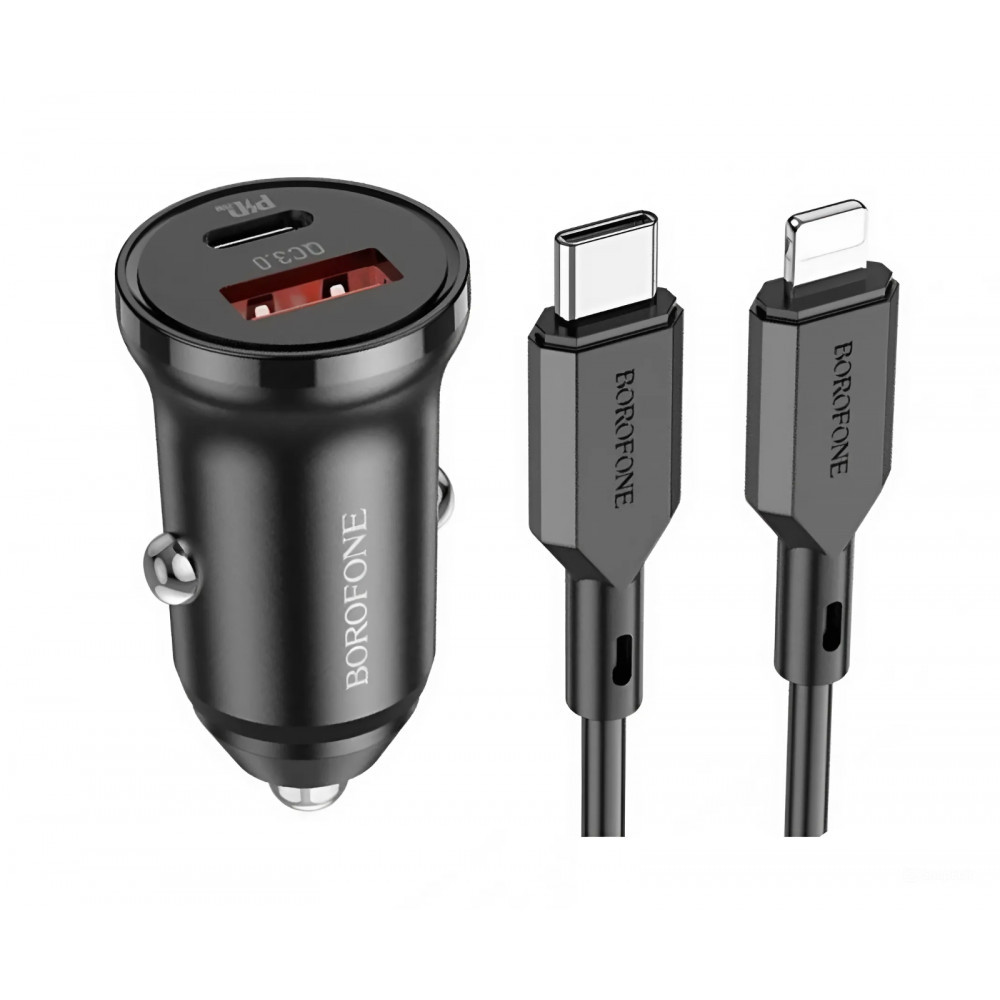 Car Charger | 20W | PD | QC3.0 C to Lightning Cable (1m) — Borofone BZ18A — Black