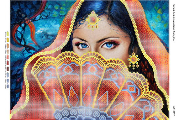 БС-3197 Дівчина з віялом. Схема для вишивки бісером, фото 1