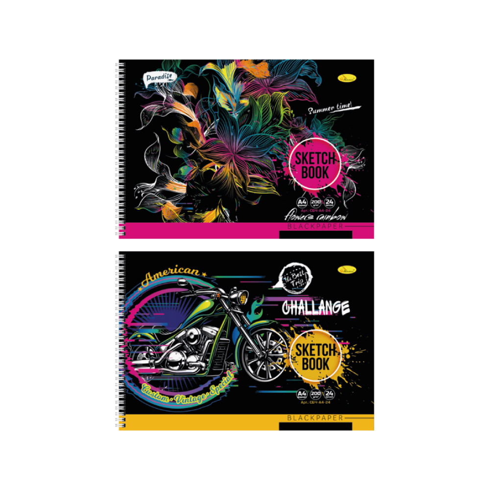 Скетчбук А4 24 арк спіраль бік чорний блок асорті, фото 1